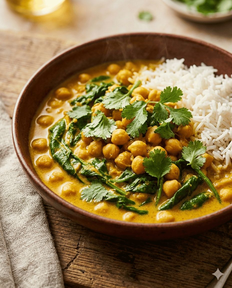 Chickpea curry in a bowl with rice and fresh coriander