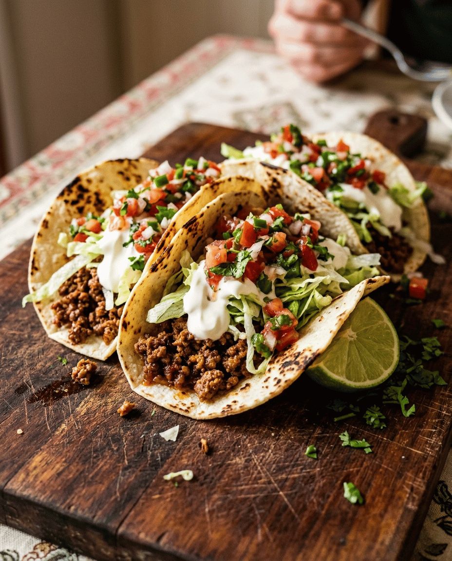 Beef tacos loaded with mince lettuce sour cream and salsa on a timber board