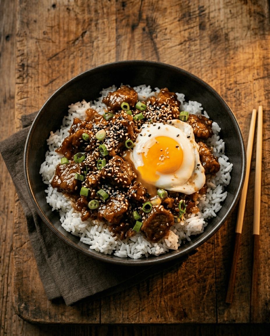 Korean beef bulgogi bowl with sticky glazed beef mince over rice with spring onions and sesame seeds