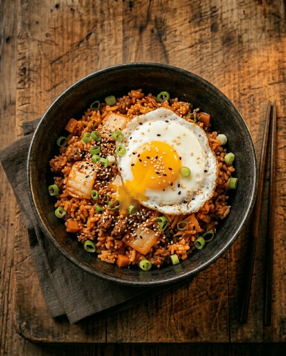 Kimchi fried rice in a bowl topped with a fried egg spring onions and sesame seeds