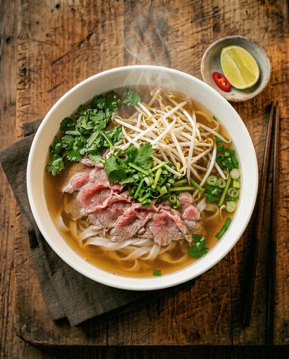 Pho noodle soup in a deep bowl with rice noodles thin beef slices bean sprouts coriander and lime